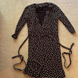 Ann Taylor 3/4 sleeve black with cream color polka dots wrap dress